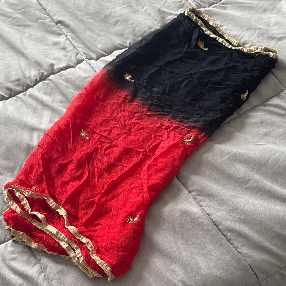 Red & Dark Blue Indian Sheer Scarf w/ Gold Accents